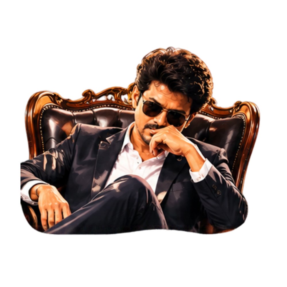 Vijay Throne Suit sticker: Vijay in a black suit and sunglasses sitting on a leather throne