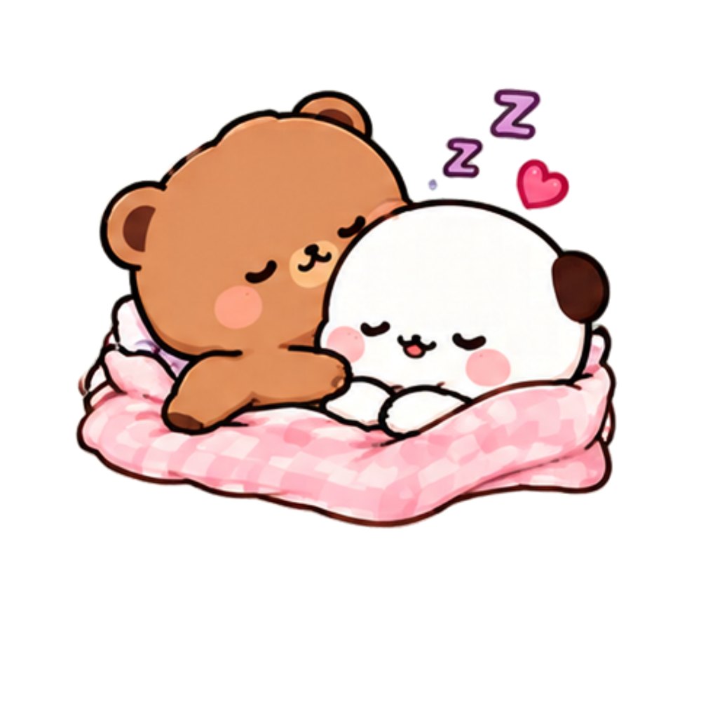 Pink Blanket Nap Bears sticker: A brown bear and a white panda napping on a pink checked blanket