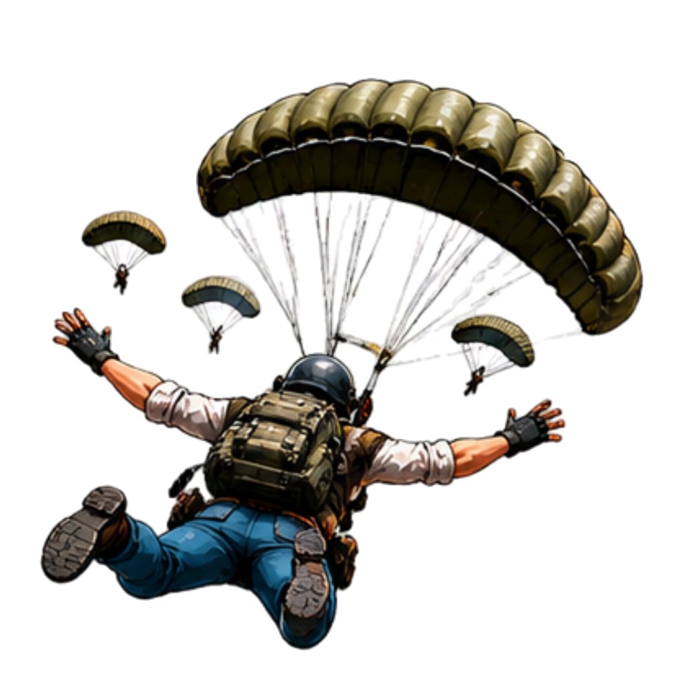 Parachute Drop sticker: A player skydiving under a green parachute with others behind