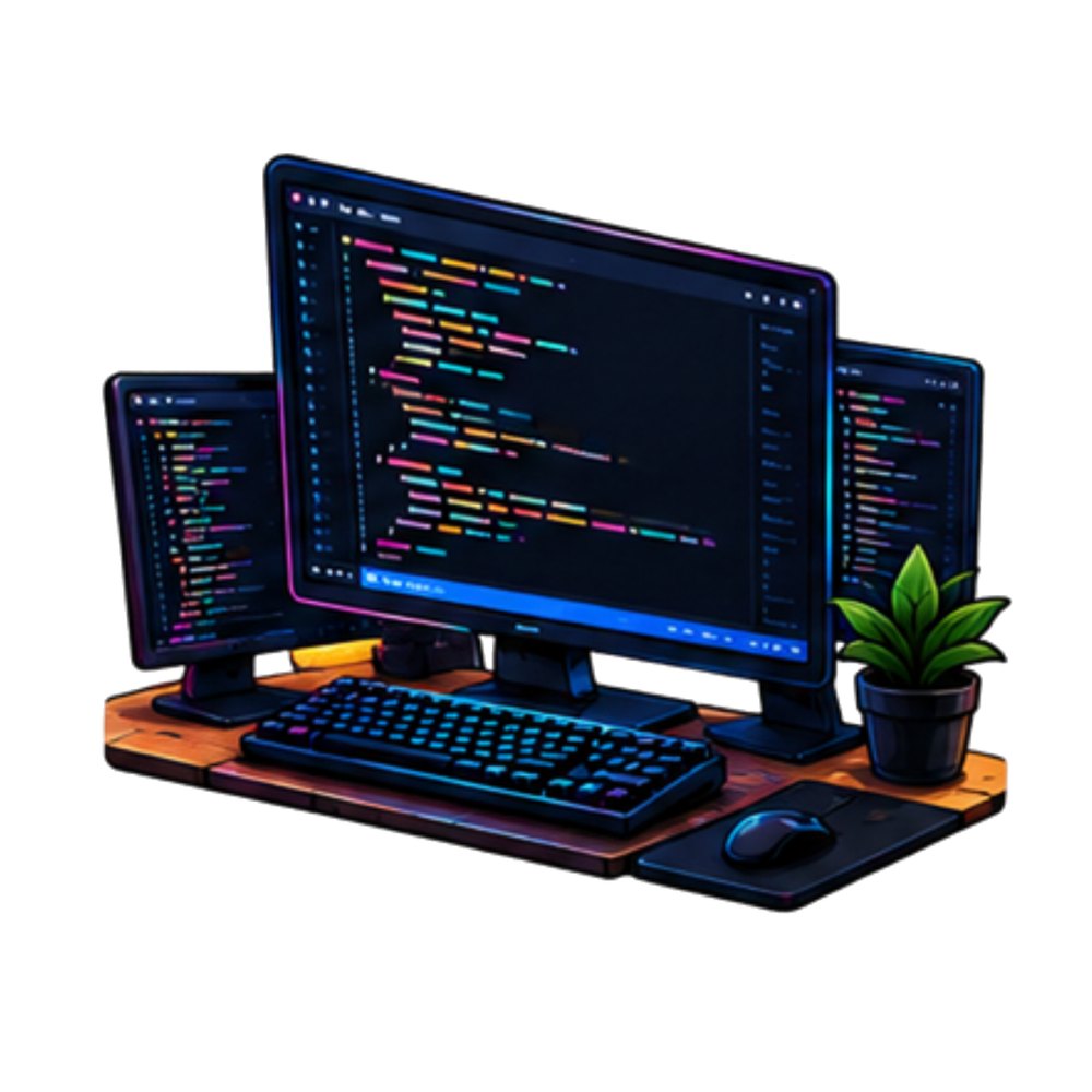 Triple Monitor Setup sticker: A dark triple-monitor coding setup with a plant