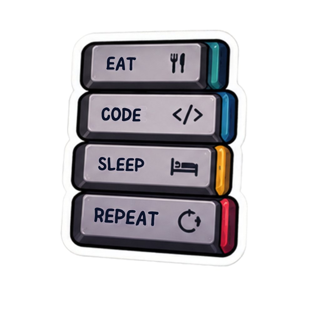 Eat Code Sleep Repeat Stack sticker: Stacked buttons reading Eat, Code, Sleep, Repeat