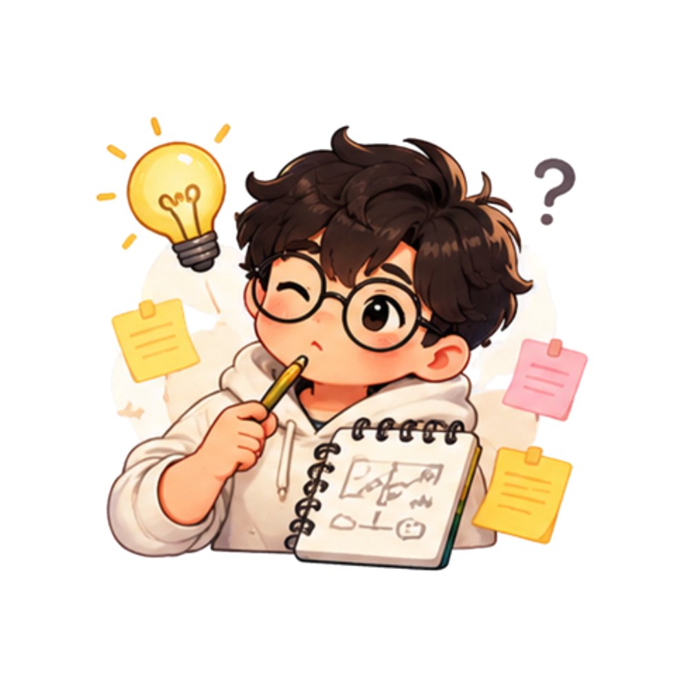 Big Idea Brainstorm sticker: A young founder with glasses and a lightbulb, brainstorming in a notebook