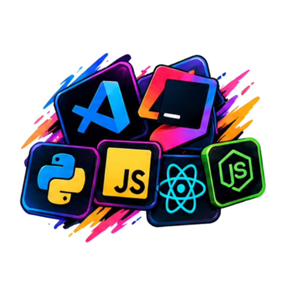 Neon Dev Icons sticker: Neon tiles with developer tool icons including JS, Python, React and Node.js