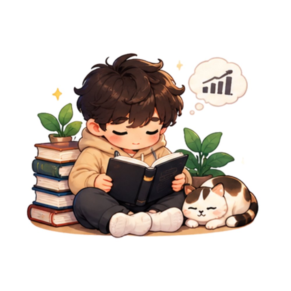 Reading with Cat sticker: A young founder reading among books with a sleeping cat