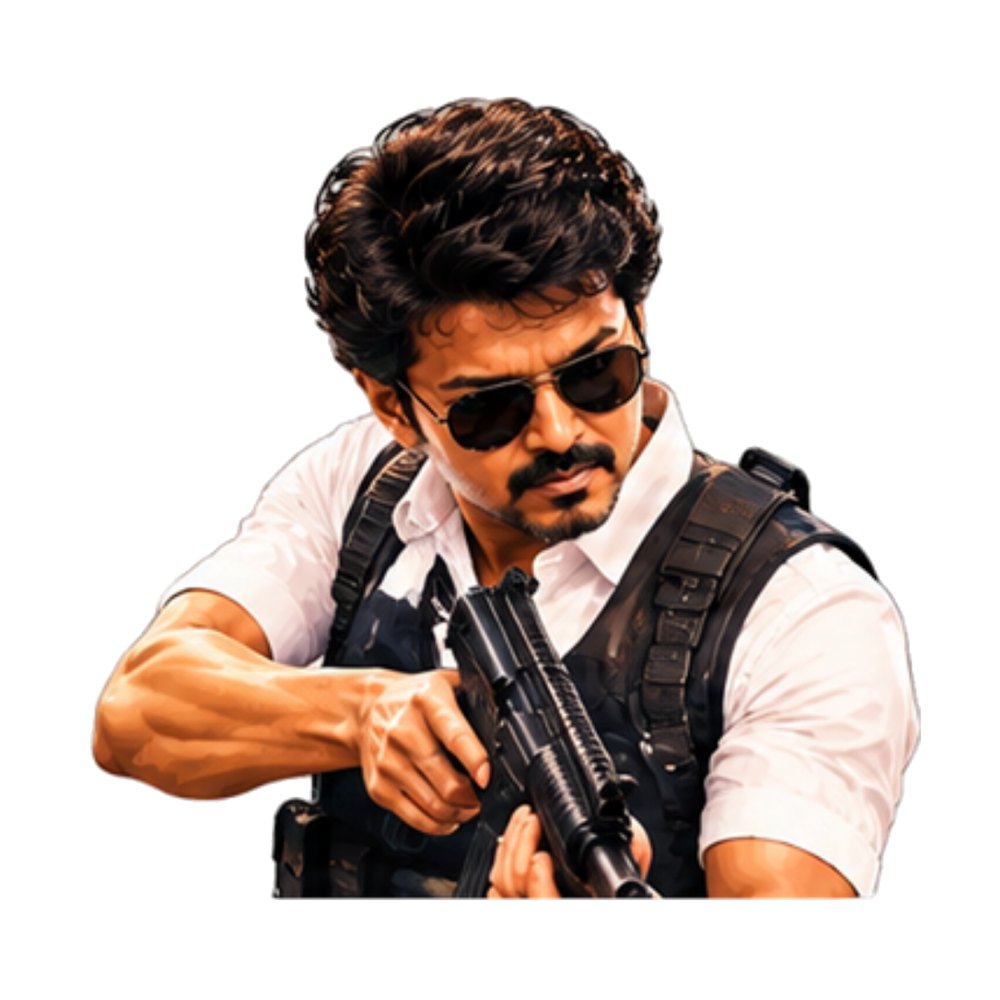 Vijay Tactical Vest sticker: Vijay in sunglasses and a tactical vest holding a gun