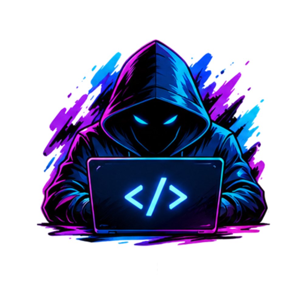 Neon Hooded Hacker sticker: A hooded hacker behind a glowing code laptop in neon purple