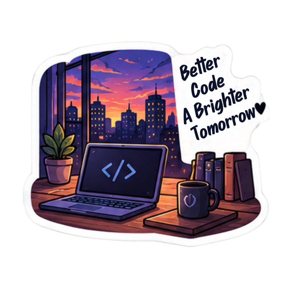Better Code Brighter Tomorrow sticker: A laptop by a sunset city window with "Better code, a brighter tomorrow"