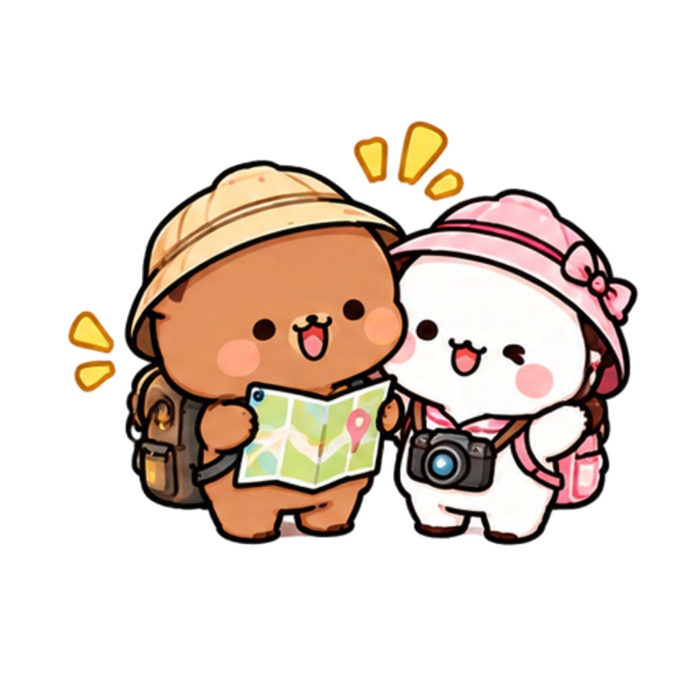 Explorer Bears sticker: A brown bear with a map and a white panda with a camera in sun hats