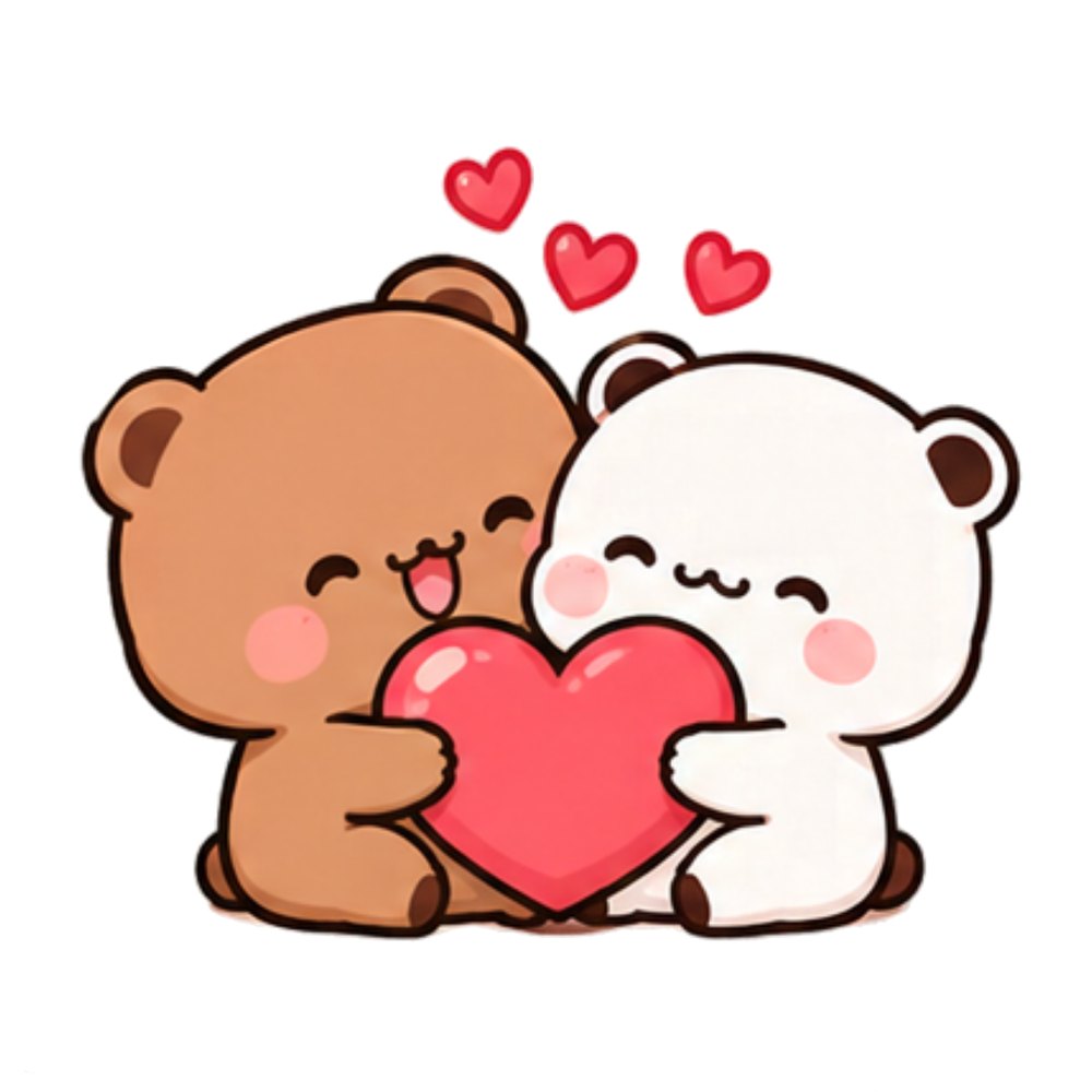 Big Heart Hug Bears sticker: A brown bear and a white panda hugging a big red heart