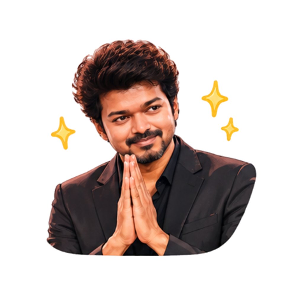 Vijay Namaste sticker: Vijay in a black suit with hands folded in a namaste