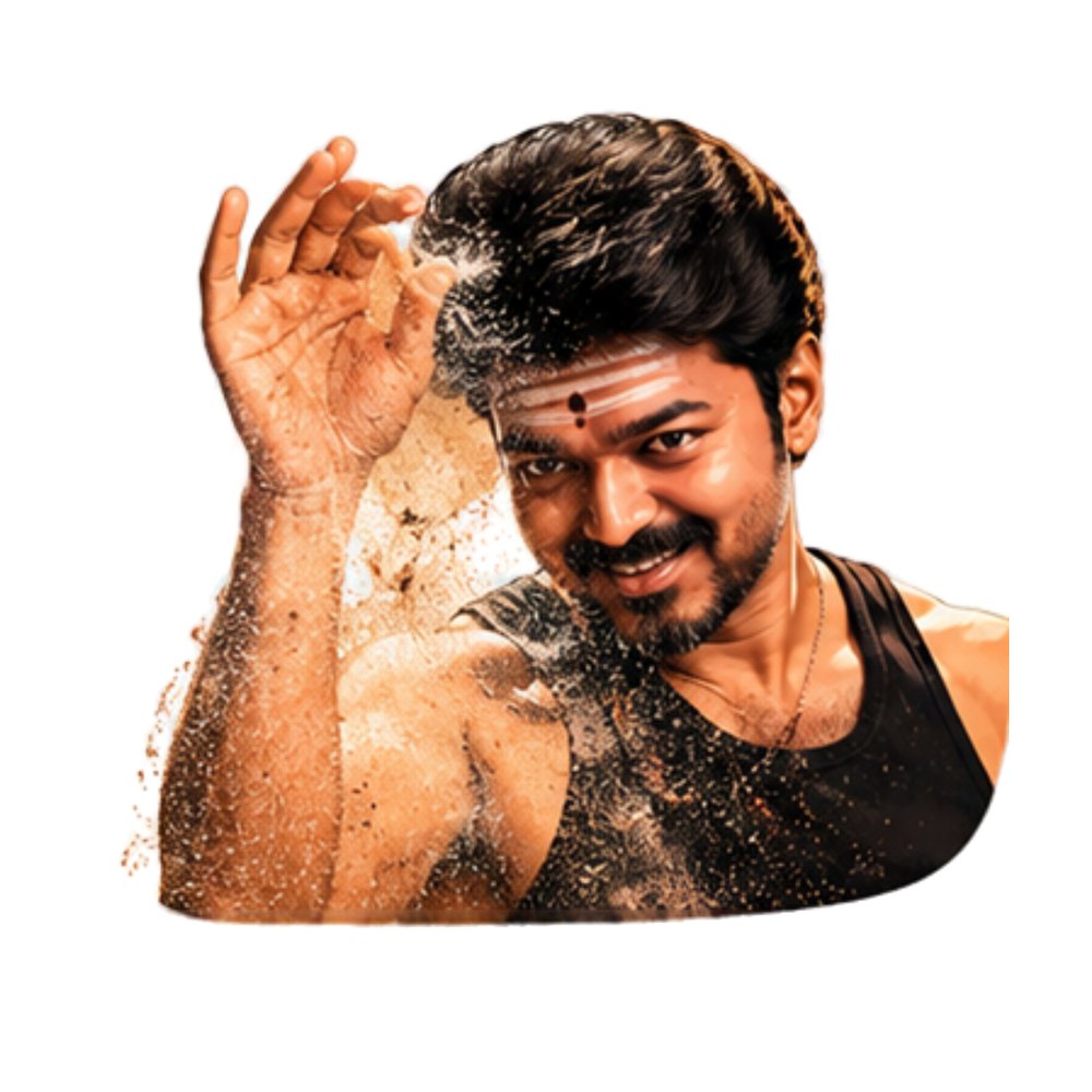 Vijay Dust Burst sticker: Vijay in a black vest raising his hand through a burst of dust