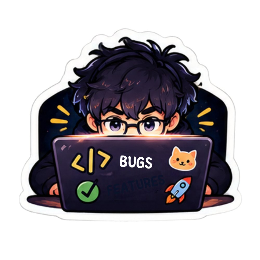 Bugs and Features Coder sticker: A coder with glasses peeking over a laptop with bugs and features stickers