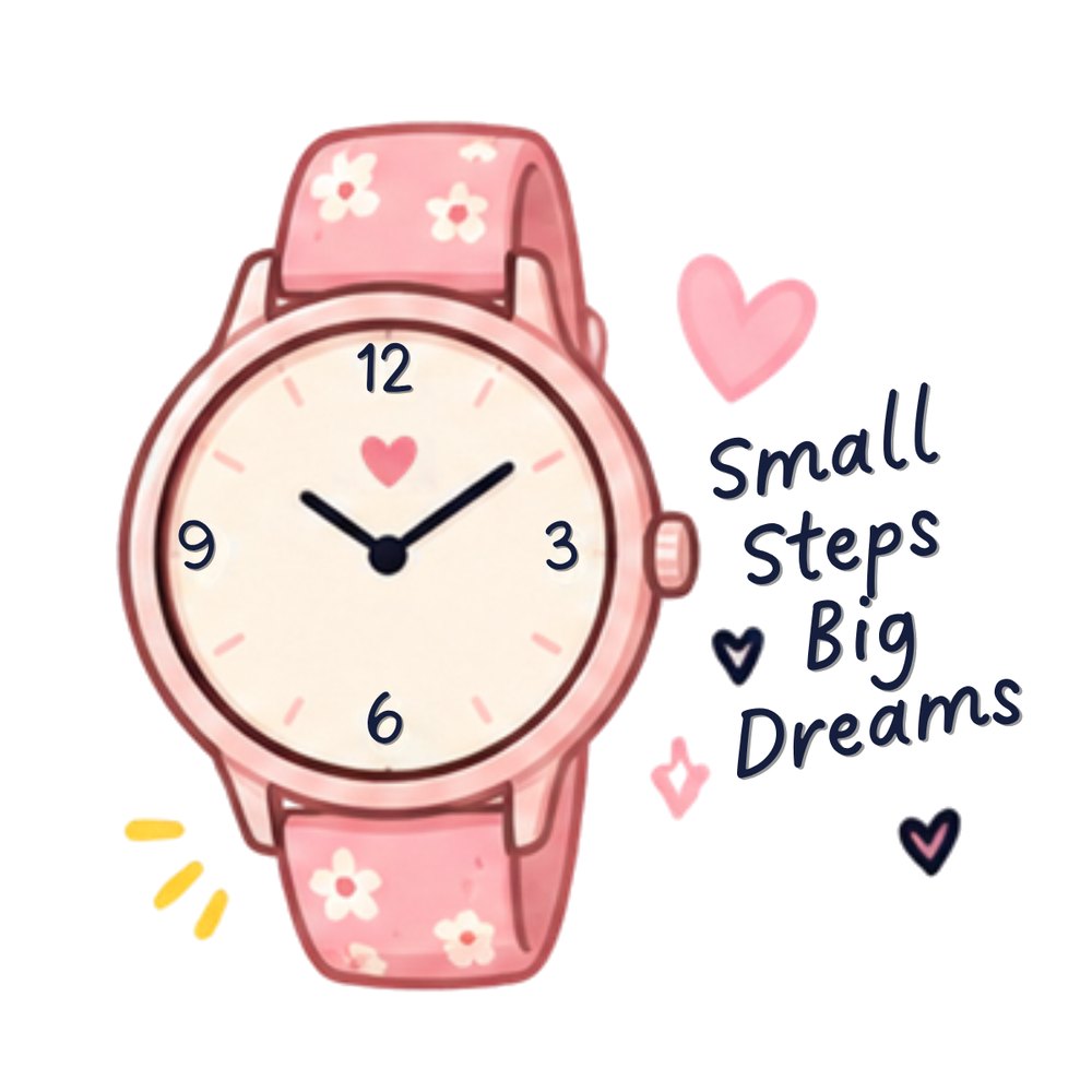 Small Steps Big Dreams Watch sticker: A pink floral watch with "Small Steps Big Dreams"