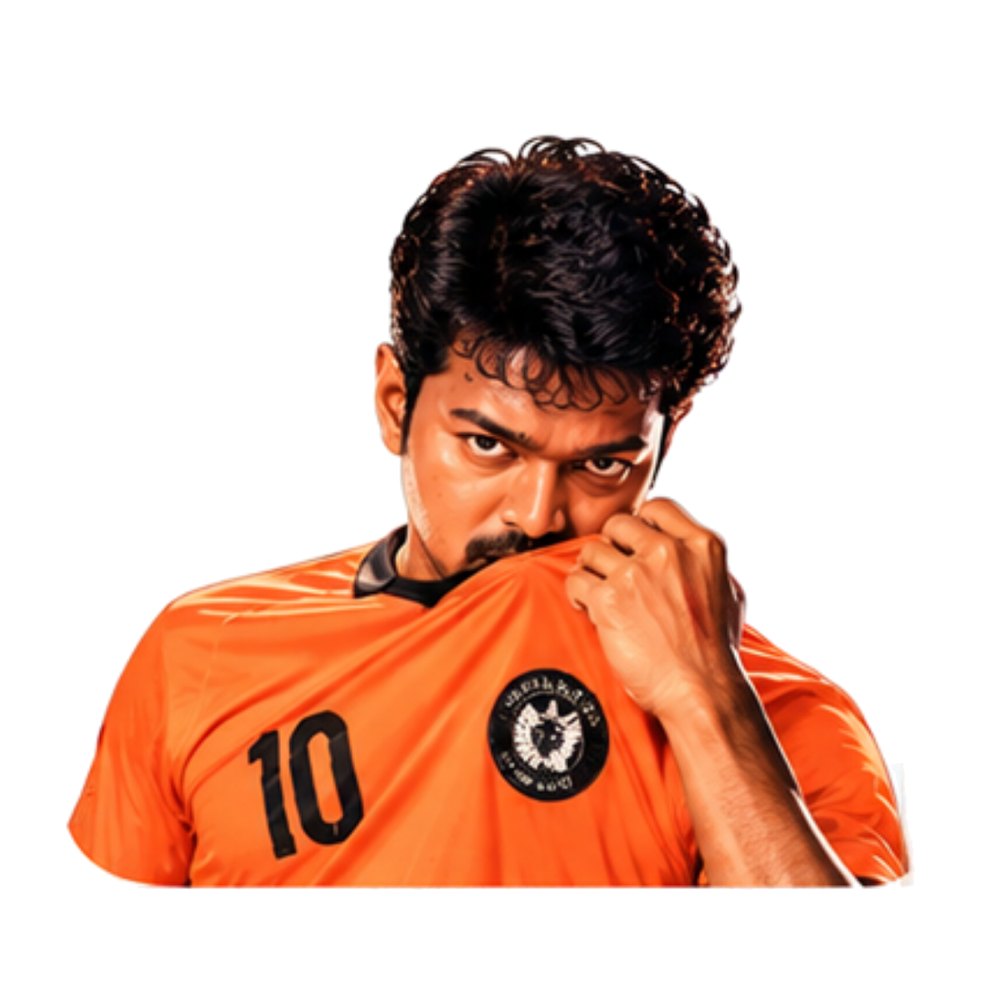Vijay Jersey 10 sticker: Vijay in an orange number 10 jersey, pulling the collar over his face