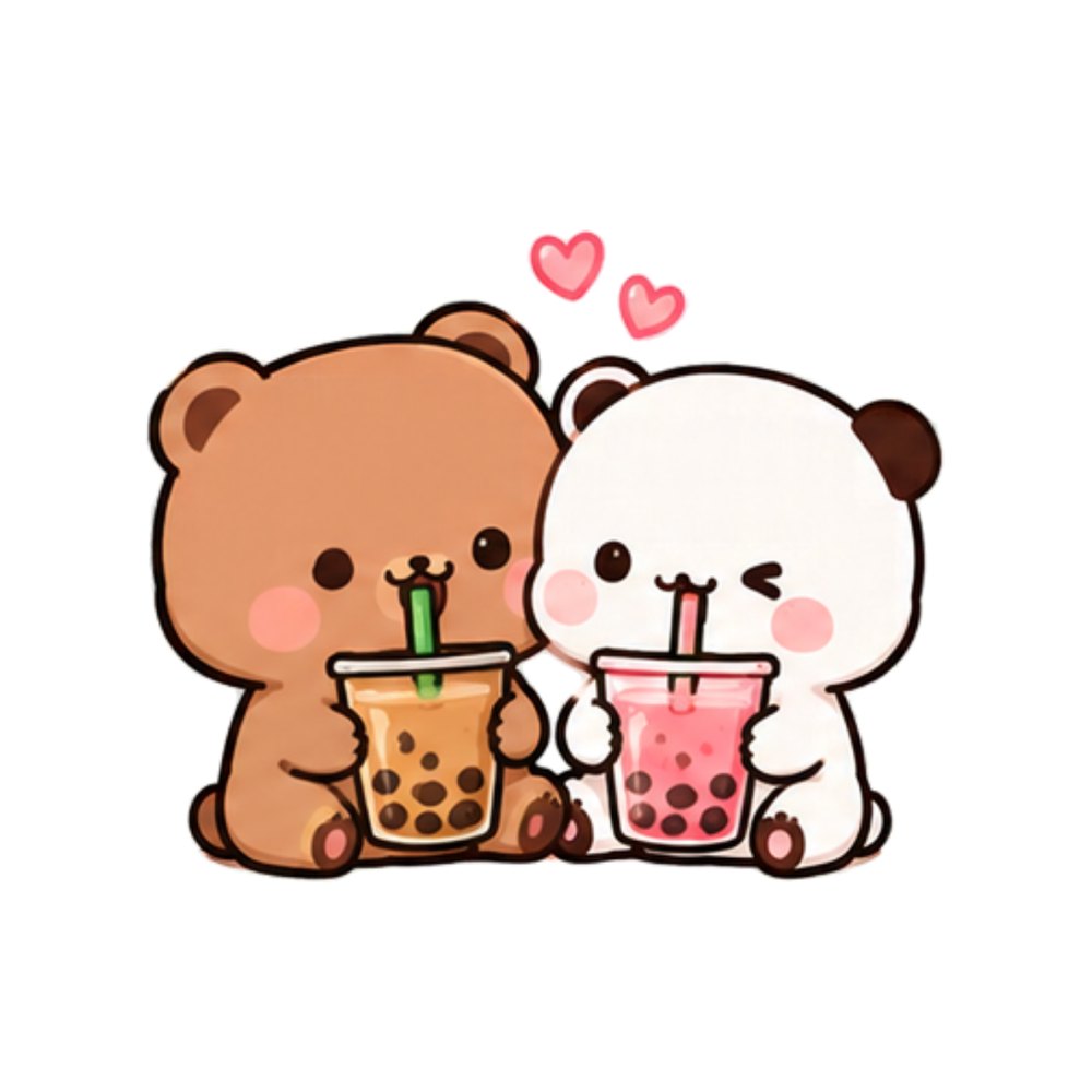 Bubble Tea Bears sticker: A brown bear and a white panda sipping bubble tea together