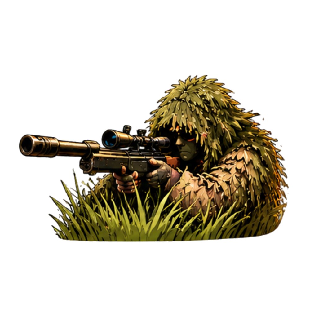 Ghillie Sniper sticker: A sniper in a ghillie suit aiming from the grass