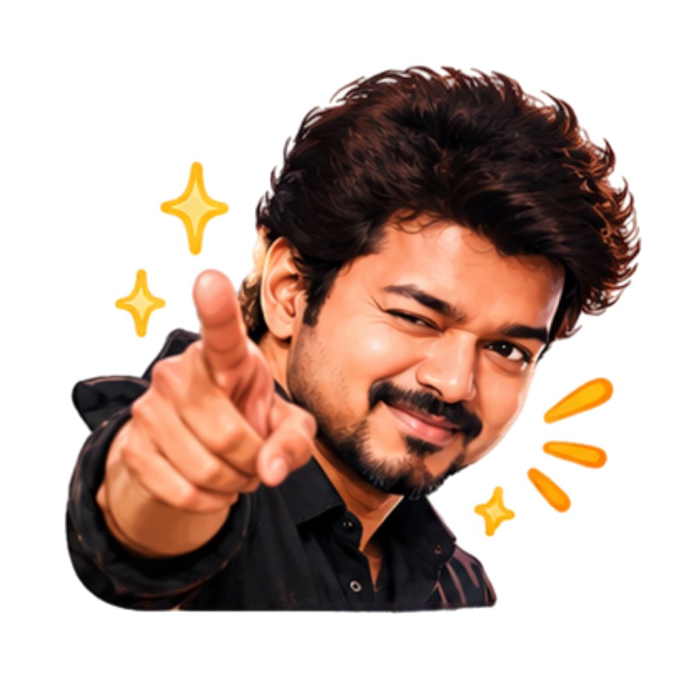 Vijay Pointing Wink sticker: Vijay winking and pointing forward with yellow sparkles