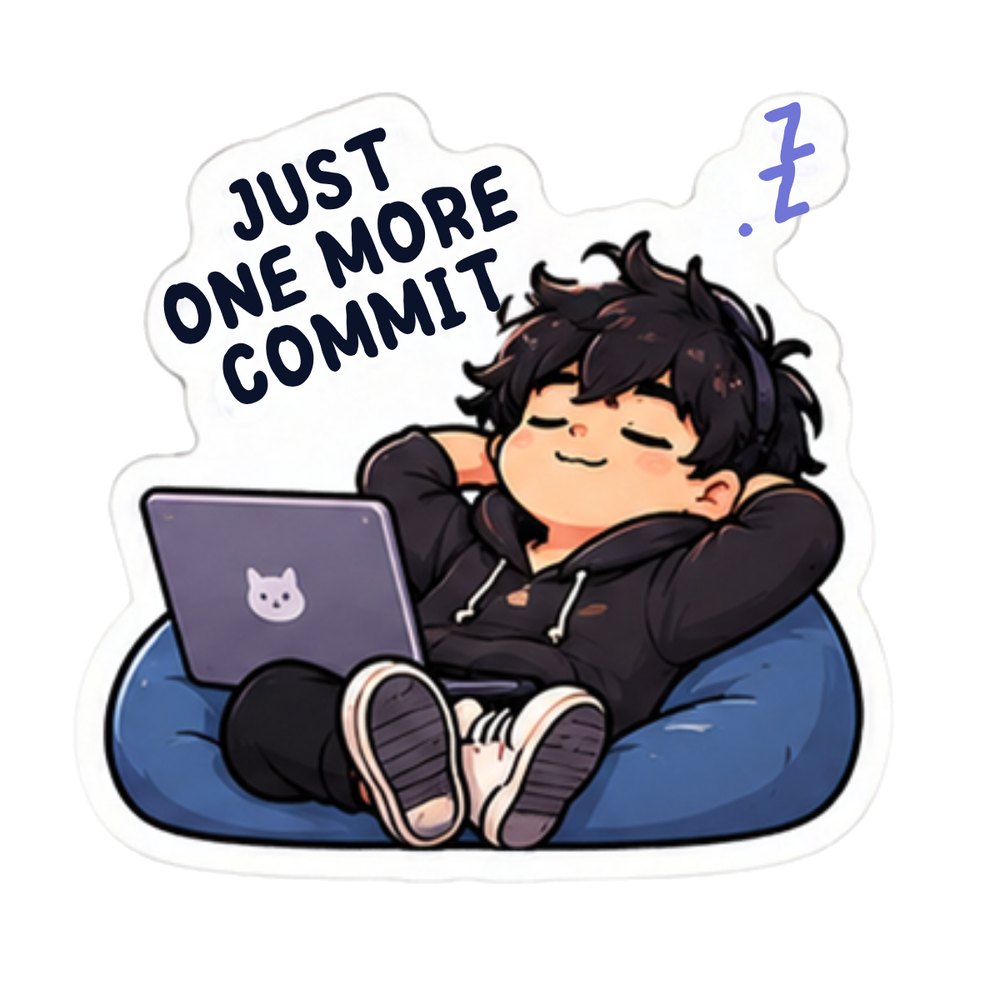 Just One More Commit sticker: A sleepy coder on a beanbag with a laptop and "Just one more commit"