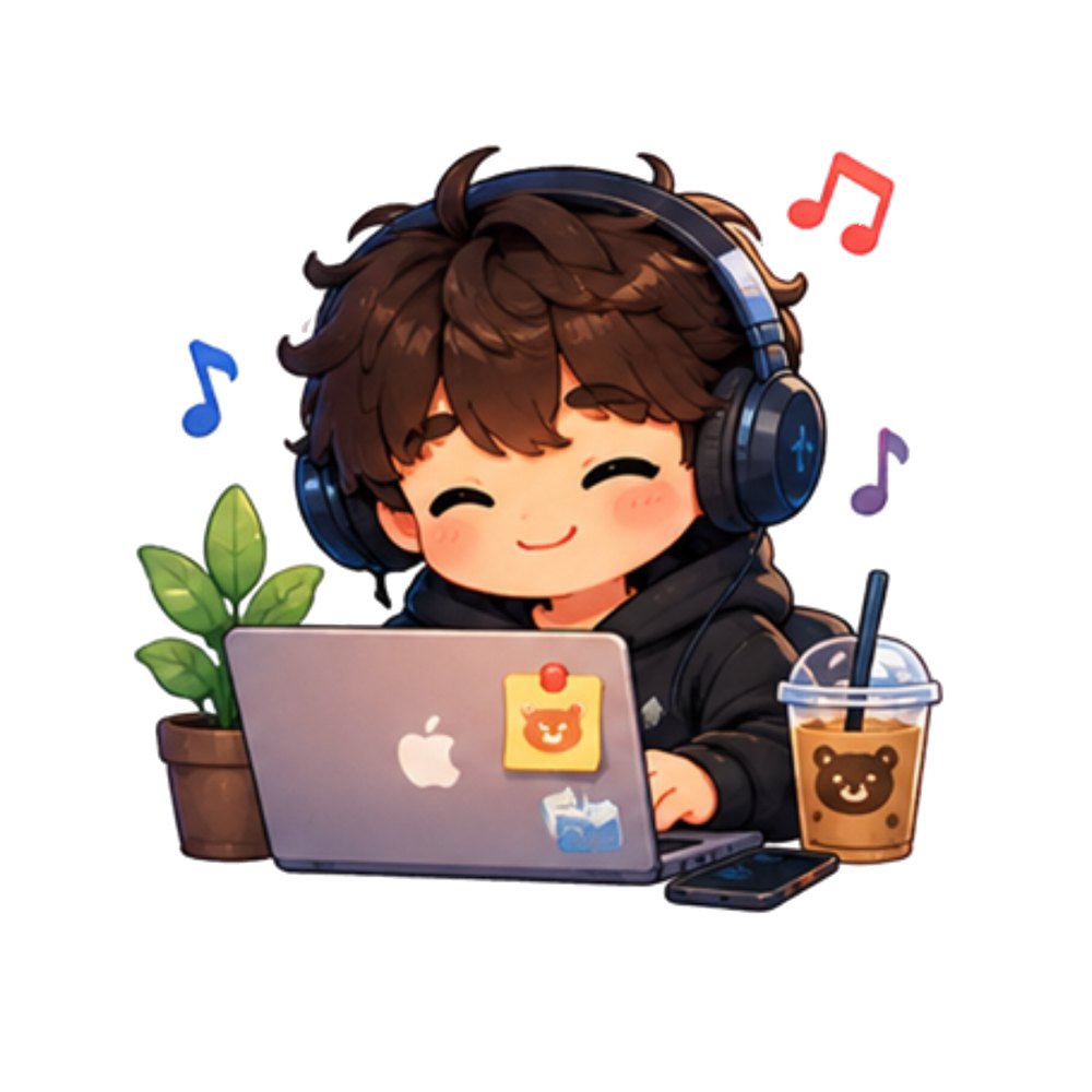 Music While Working sticker: A young founder in headphones working on a laptop with bubble tea