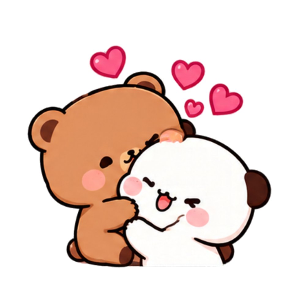 Squeeze Hug Bears sticker: A brown bear squeezing a happy white panda with pink hearts