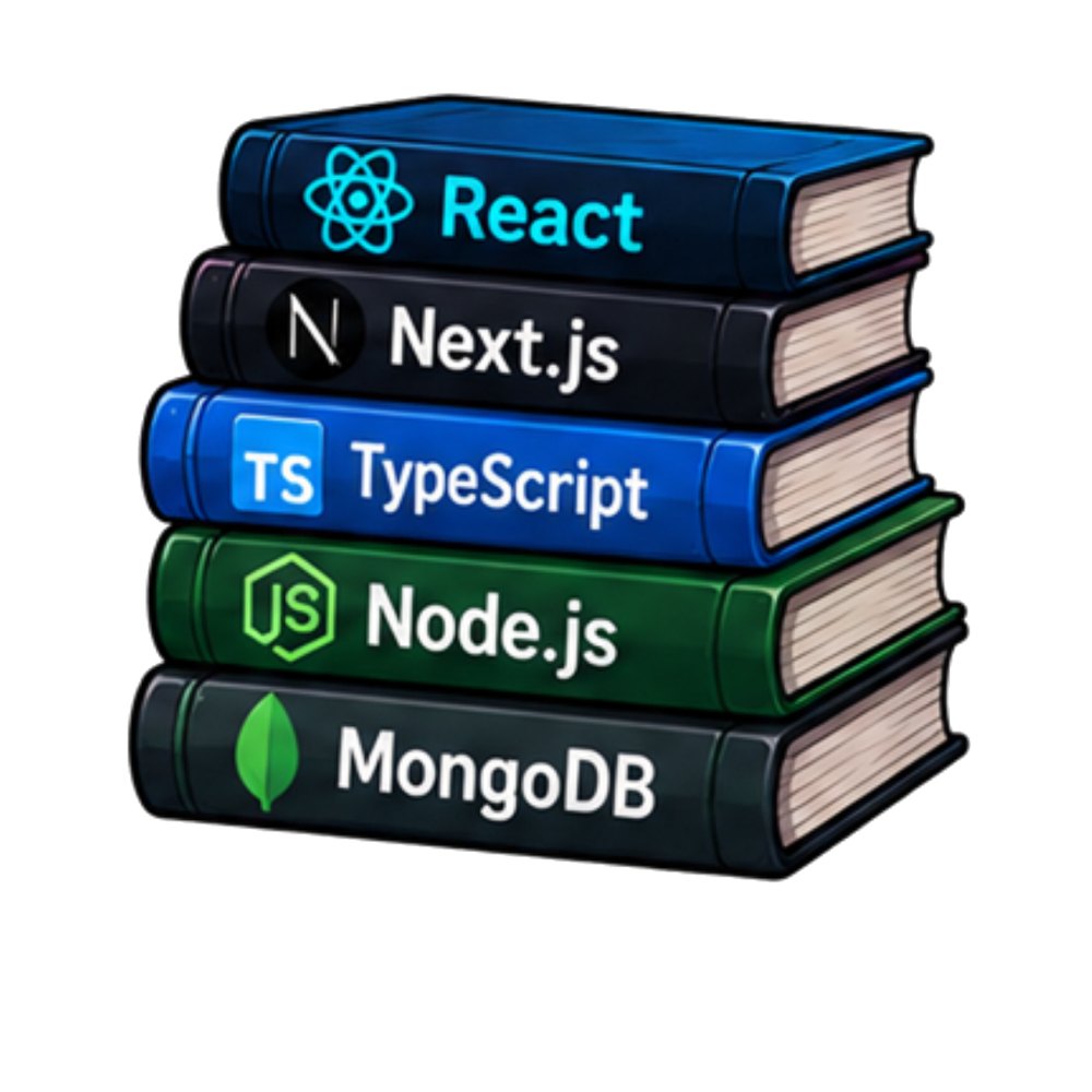 Dev Book Stack sticker: A stack of React, Next.js, TypeScript, Node.js and MongoDB books