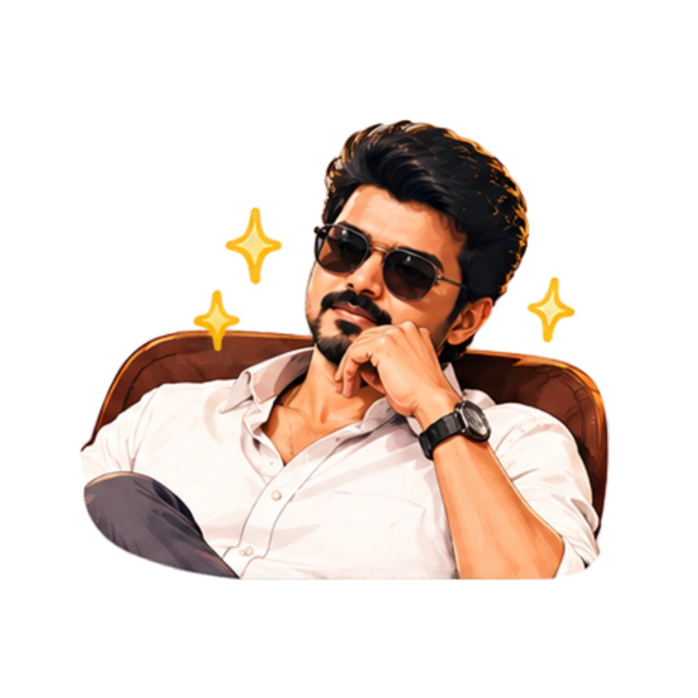 Vijay Boss Chair sticker: Vijay in sunglasses and a white shirt relaxing in a brown chair