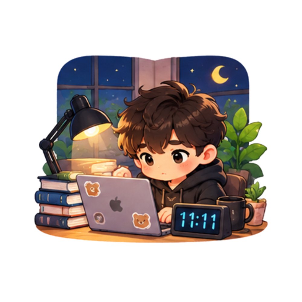 Late Night Hustle sticker: A young founder working at night at 11:11 by a desk lamp