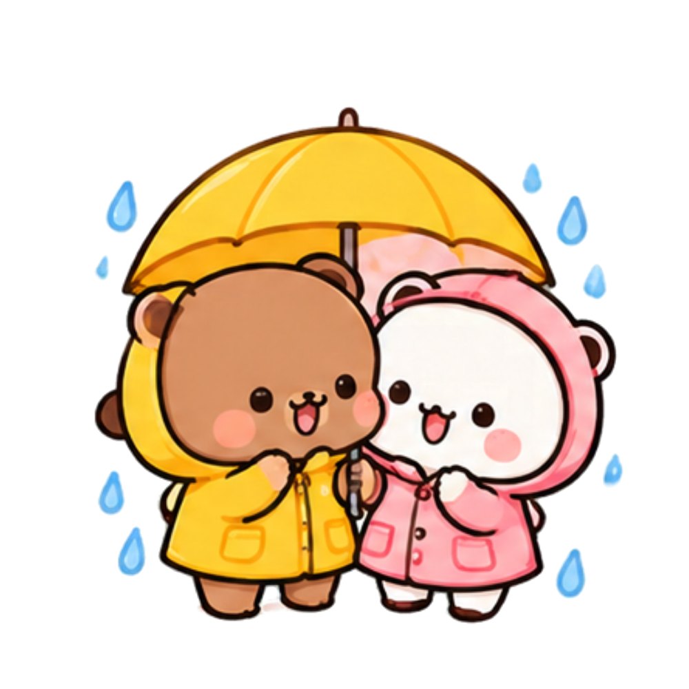 Yellow Umbrella Bears sticker: A brown bear in a yellow raincoat and a white panda in pink sharing a yellow umbrella