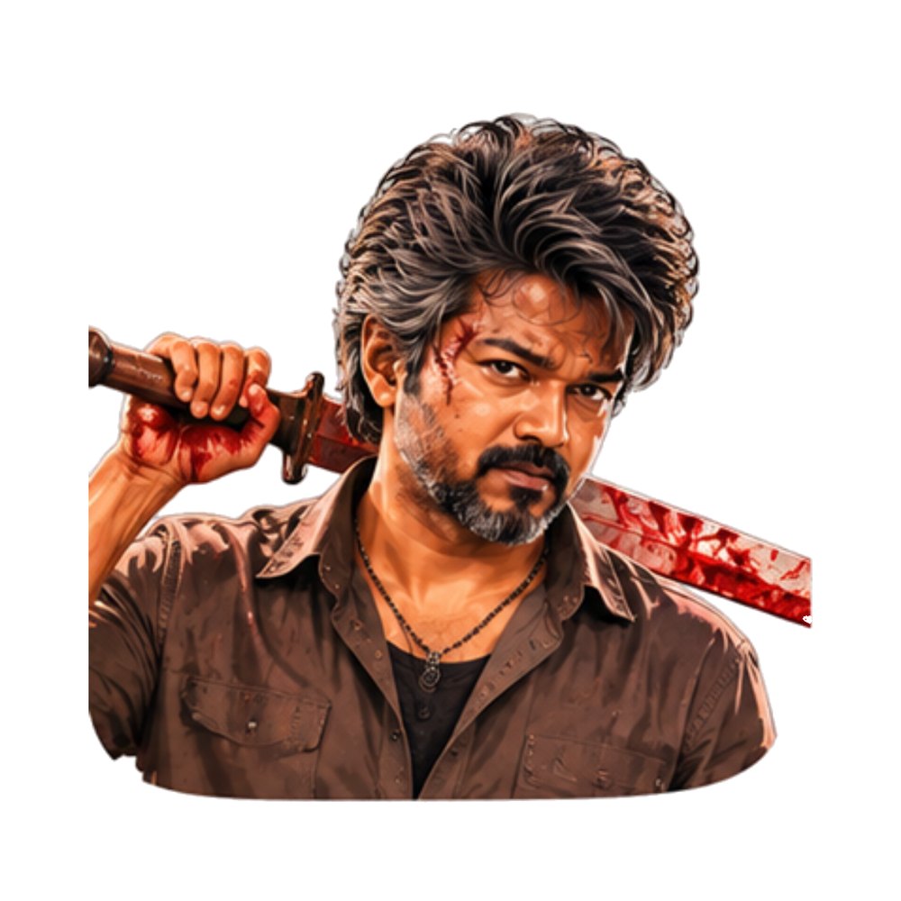 Vijay Silver Hair Look sticker: Vijay with grey hair and a beard holding a blade on his shoulder