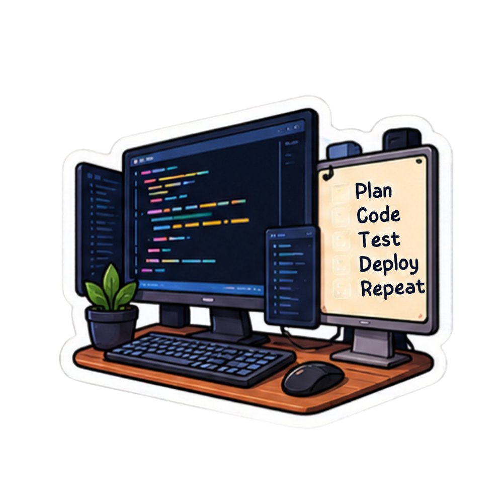 Plan Code Deploy Desk sticker: A dual-monitor desk with a note reading Plan, Code, Test, Deploy, Repeat