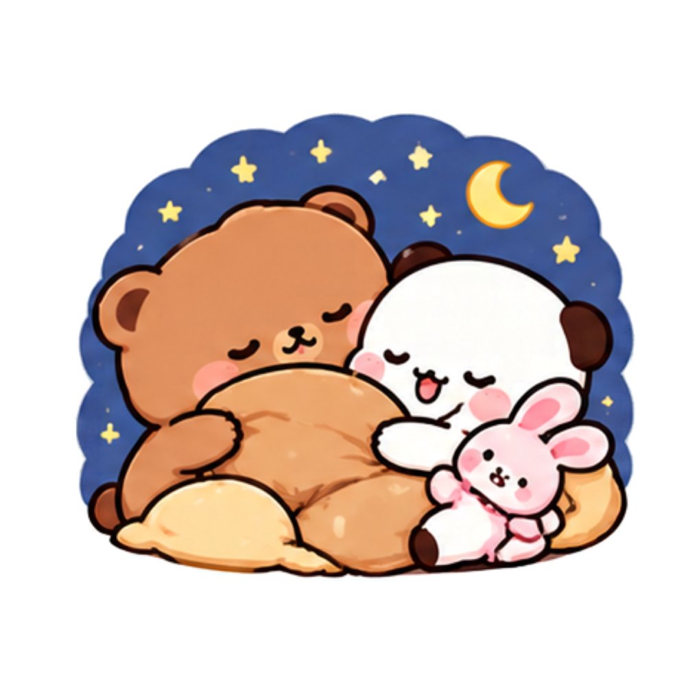 Starry Night Bears sticker: A brown bear and a white panda sleeping under a starry sky with a bunny plush