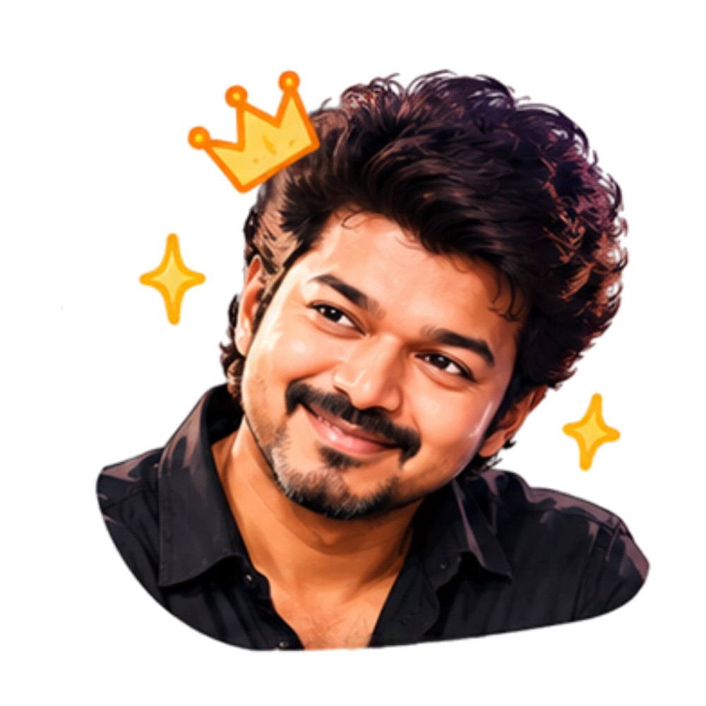Vijay Gold Crown Smile sticker: Vijay smiling in a black shirt under a gold crown and sparkles