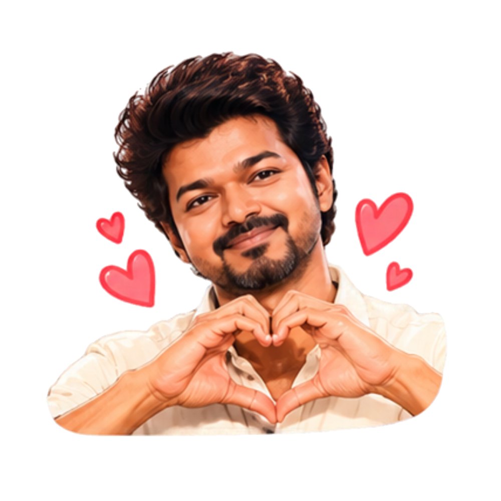 Vijay Heart Hands sticker: Vijay making a heart with his hands, surrounded by pink hearts