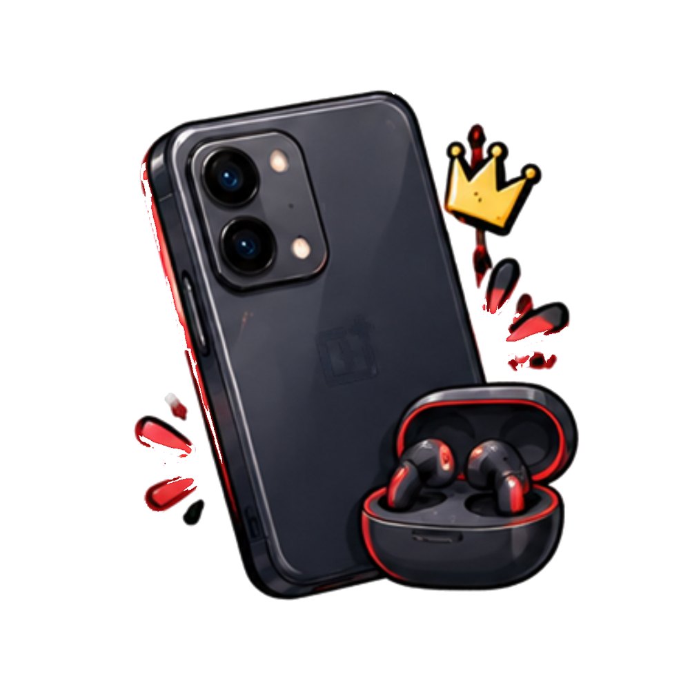 Black Phone and Earbuds sticker: A black phone with red-and-black earbuds and a crown