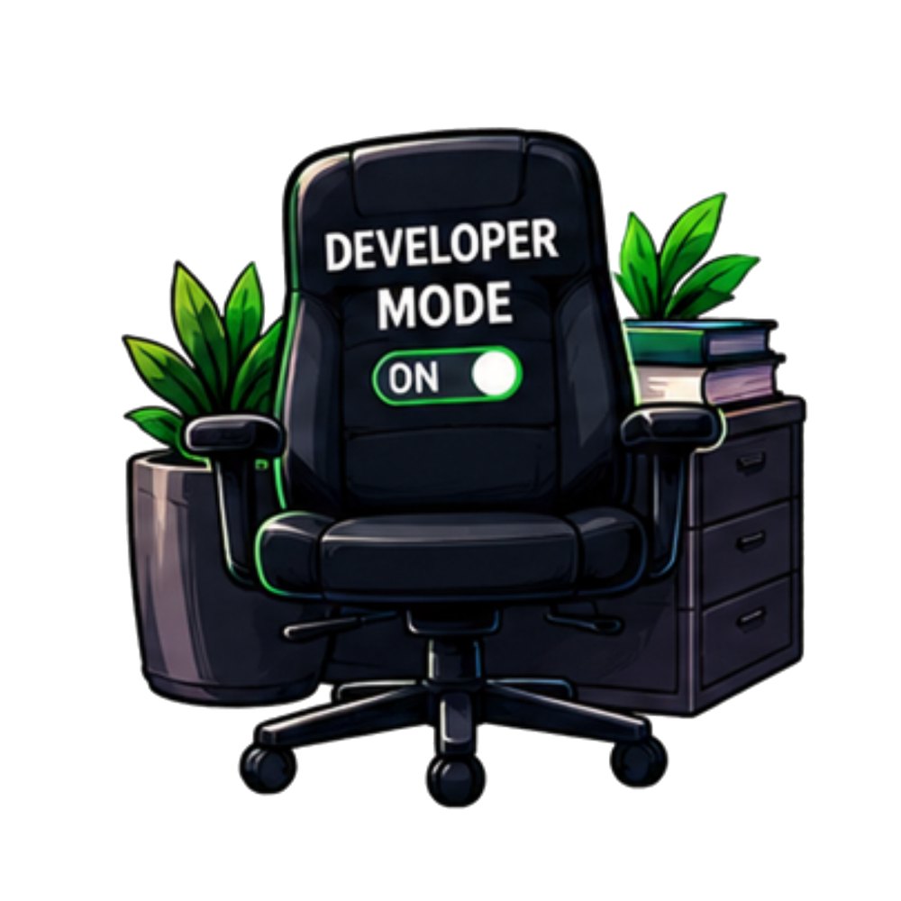 Developer Mode Chair sticker: A gaming chair reading "Developer Mode On" between plants