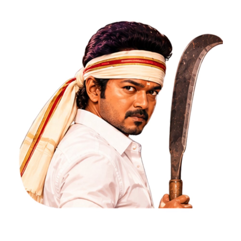 Vijay Headband Look sticker: Vijay in a headband and white shirt holding a machete