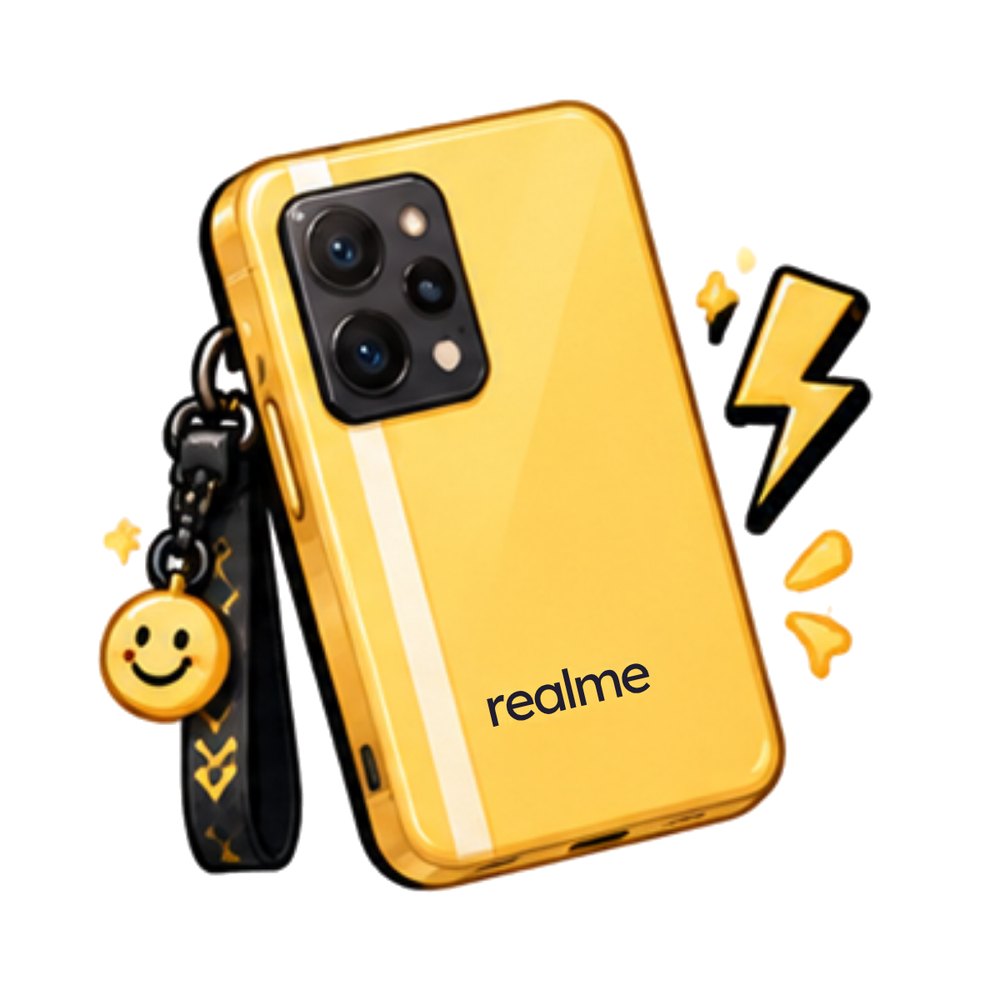 Yellow Realme Phone sticker: A yellow realme phone with a smiley strap and a lightning bolt