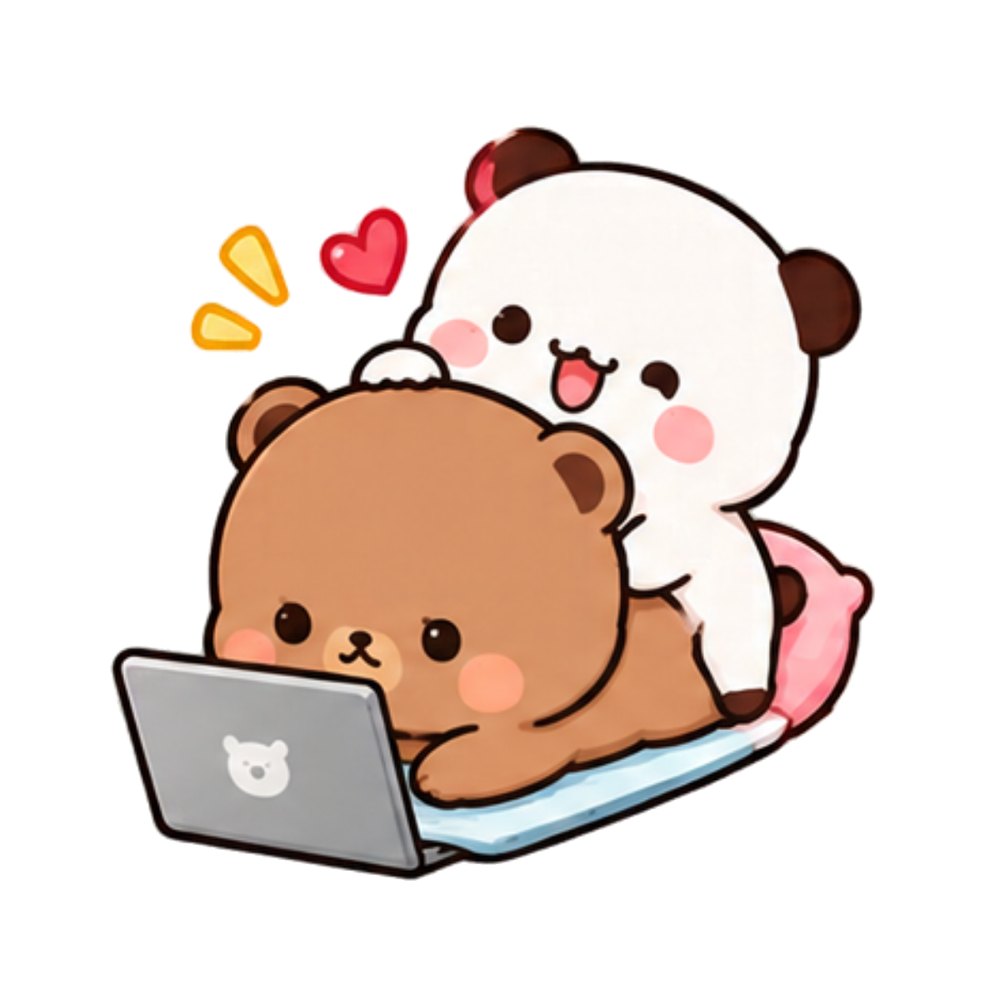 Laptop Cuddle Bears sticker: A white panda resting on a brown bear who is using a laptop