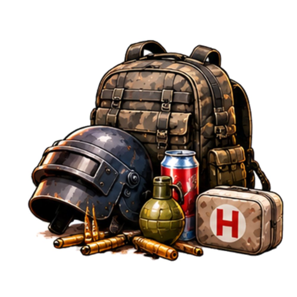 Loot Backpack sticker: A camo backpack with a helmet, grenade, energy drink, ammo and a first aid kit