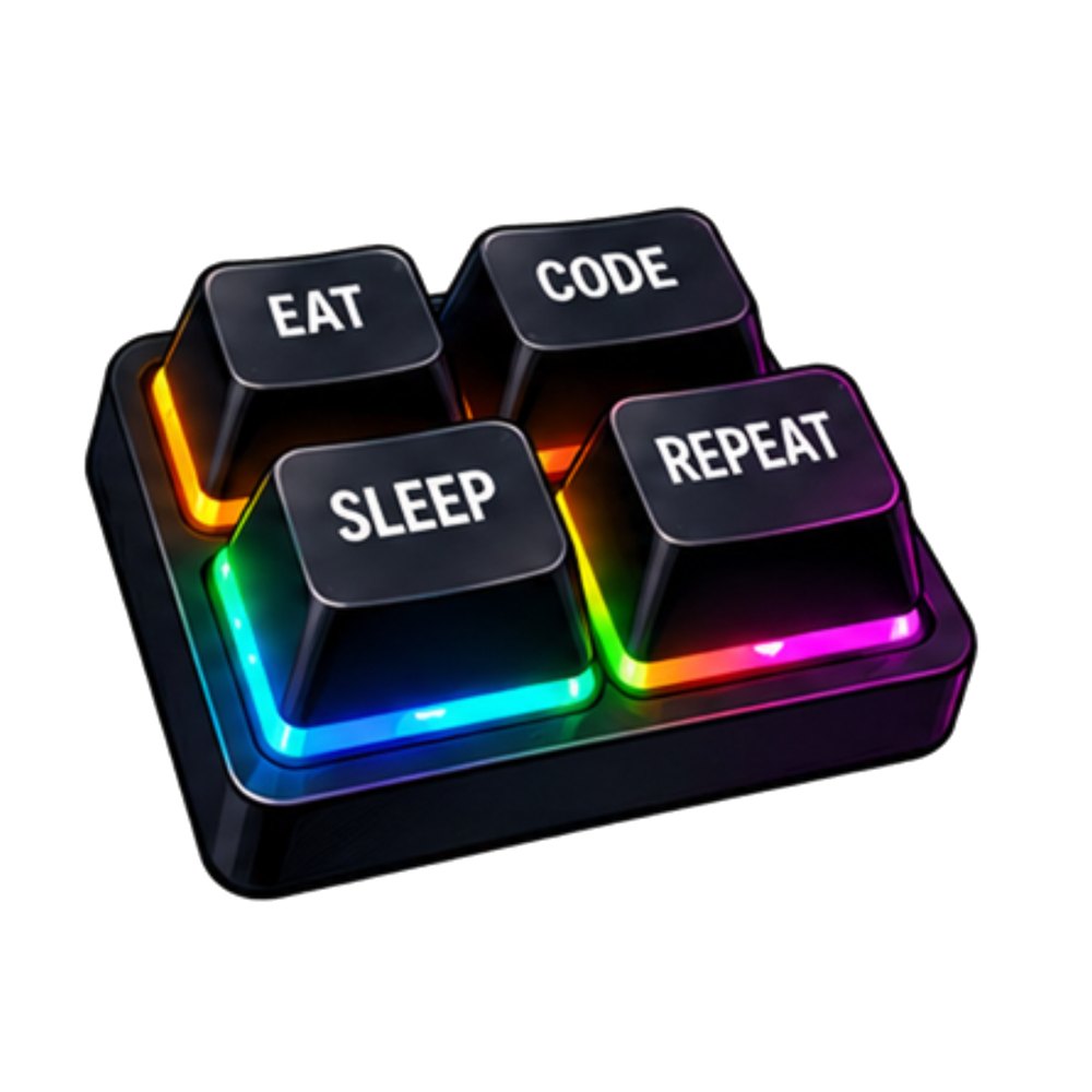 Eat Code Sleep Repeat Keys sticker: Four RGB keyboard keys reading Eat, Code, Sleep, Repeat