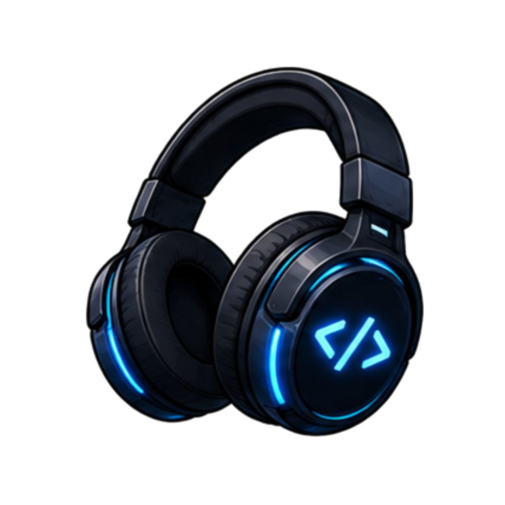 Code Headphones sticker: Black headphones with a glowing code symbol