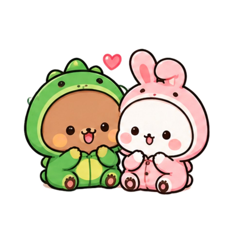 Dino and Bunny Onesie Bears sticker: A brown bear in a green dinosaur onesie beside a white panda in a pink bunny onesie