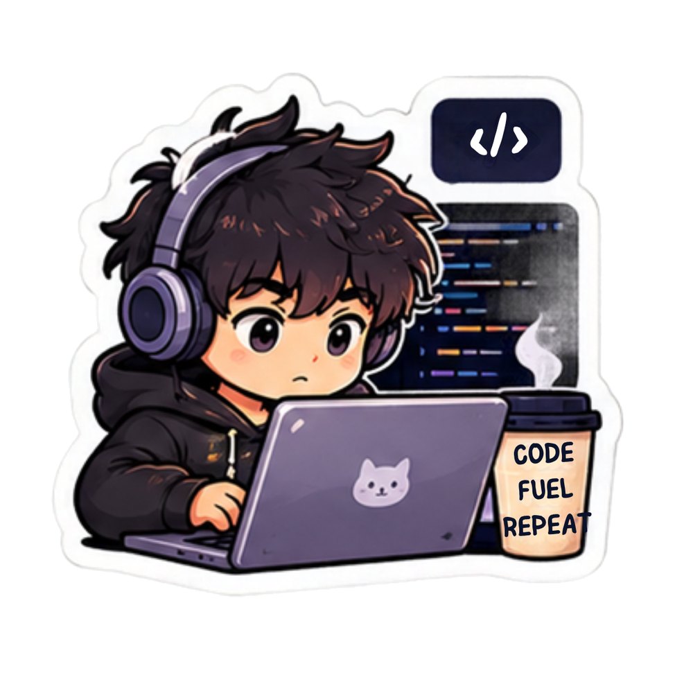 Headphones Coder sticker: A coder in headphones at a laptop with a "Code Fuel Repeat" coffee cup