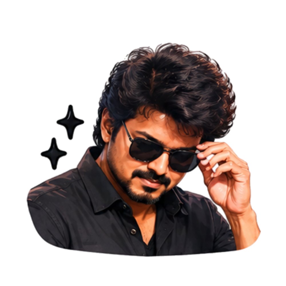 Vijay Shades Adjust sticker: Vijay in a black shirt adjusting his sunglasses with sparkles
