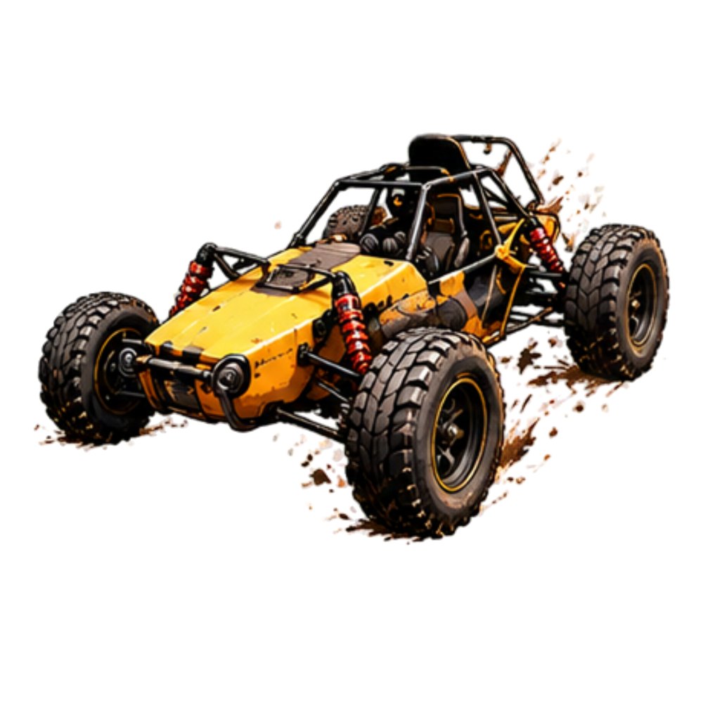 Yellow Buggy sticker: A yellow off-road buggy kicking up dirt