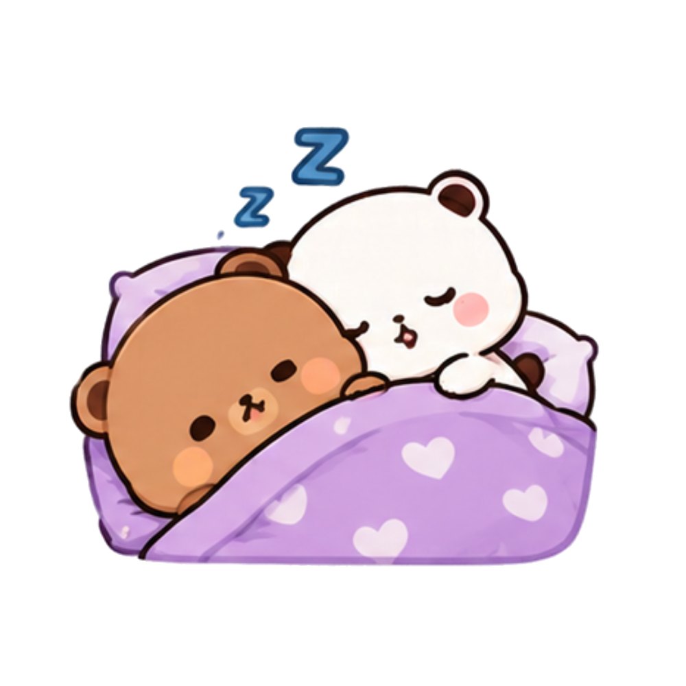 Sleepy Blanket Bears sticker: A brown bear and a white panda asleep under a purple heart blanket