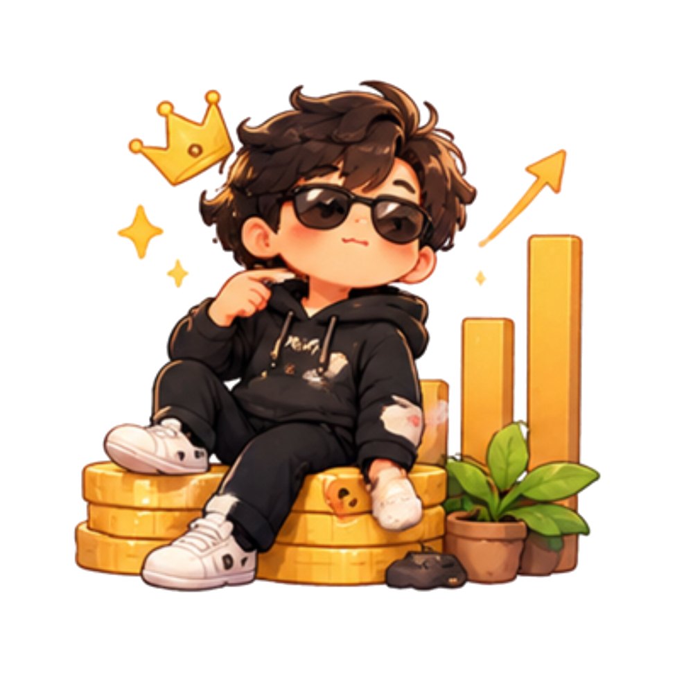 Gold Coin Boss sticker: A young founder in sunglasses sitting on gold coins by rising bars