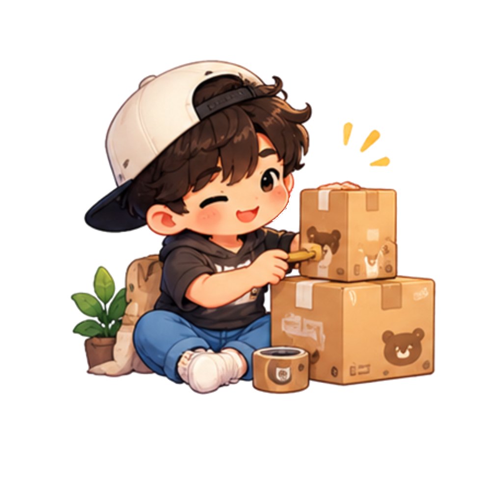 Packing Orders sticker: A young founder in a cap packing parcels