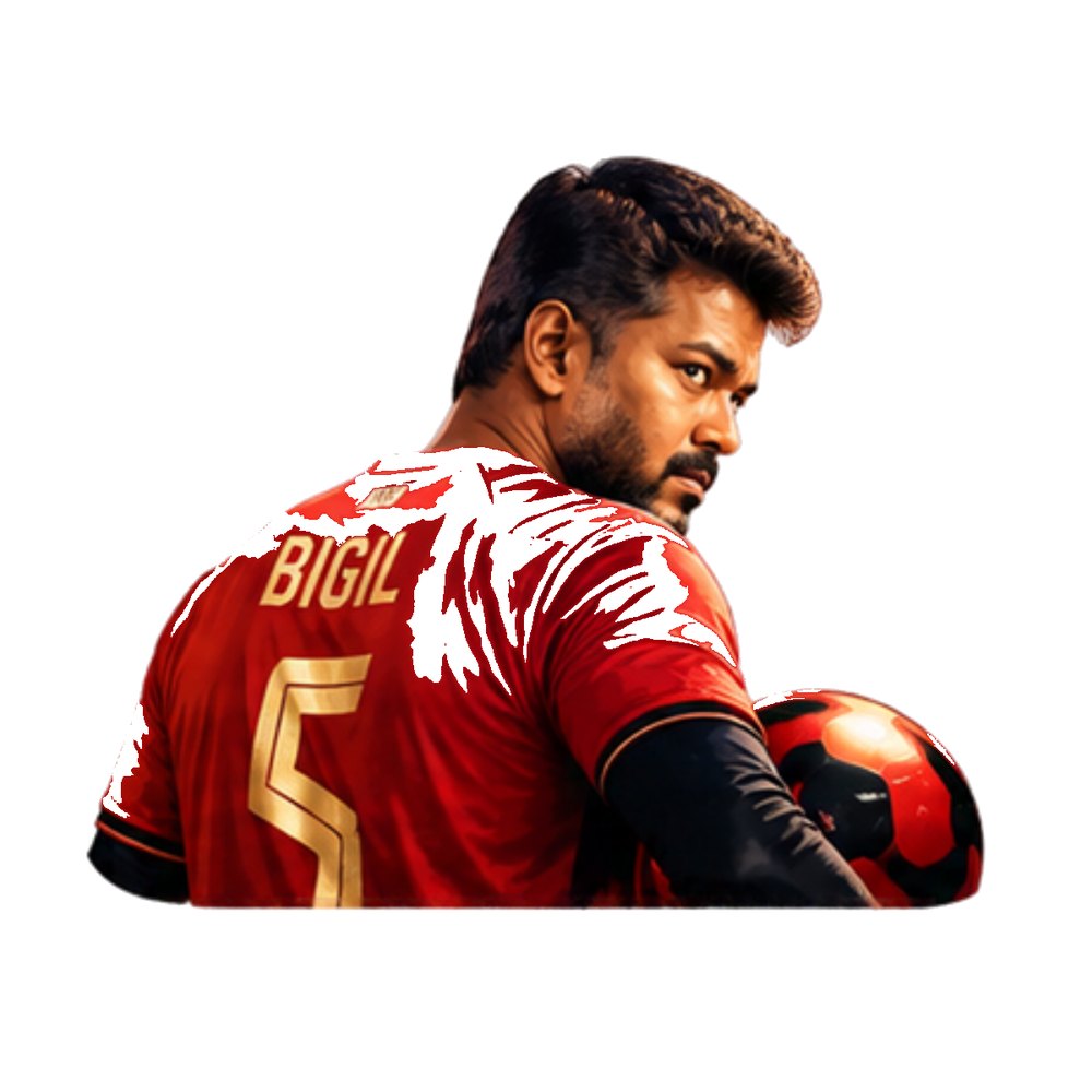 Vijay Red Jersey Ball sticker: Vijay in a red number 5 Bigil jersey holding a football