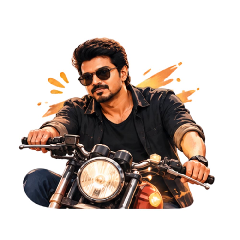 Vijay Bike Ride sticker: Vijay in sunglasses riding a motorbike